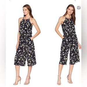 NWOT London Times Black Floral Halter Jumpsuit with Yellow & White Flowers